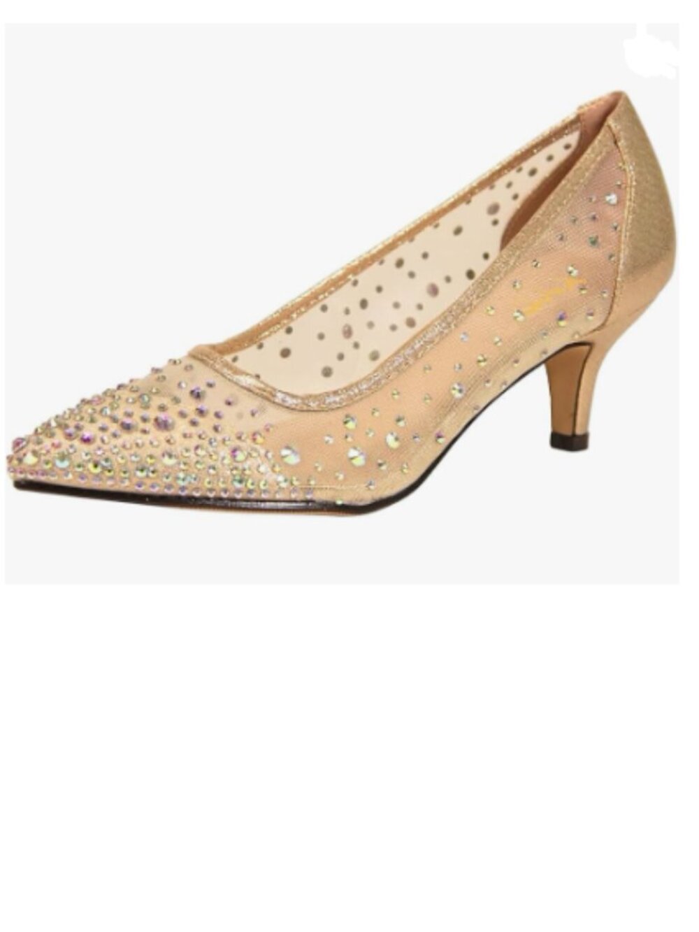 XYD Gold Pointed Toe Slip On Rhinestone Pumps Graceful Mesh Kitten Heels Shoes
